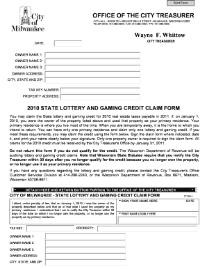 2010 Wisconsin State Lottery and Gaming Credit Claim Form