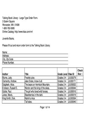 Talking Book Library Large Type Order Form