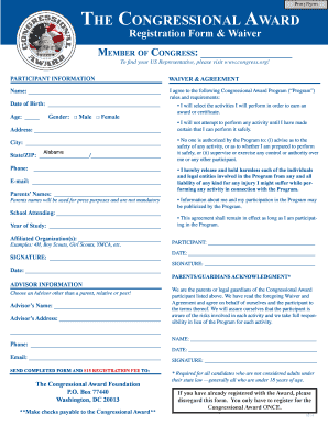 Congressional Award Registration Form and Waiver