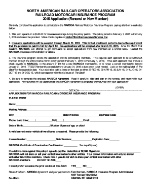 NARCOA Railroad Motorcar Insurance Application