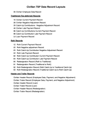 Question 21 sf86 - Civilian TSP Data Record Layouts 06 Civilian Employee Data Record Traditional (Taxdeferred) Records 16 Civilian Current Payment Record 26 Civilian Negative Adjustment Record 29 CatchUp Contributions Negative Adjustment Record 46 Civilian -