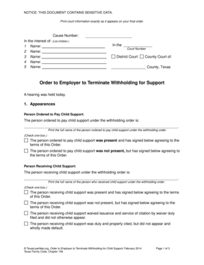 Order to Employer to Terminate Withholding for Child Support