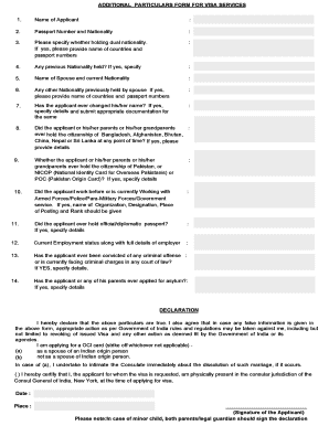 Additional Particulars Form for Visa Services