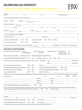 Baldwin Wallace University Transfer and Adult Student Application