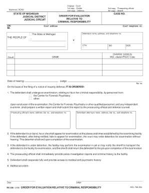 Michigan Order for Evaluation Relative to Criminal Responsibility