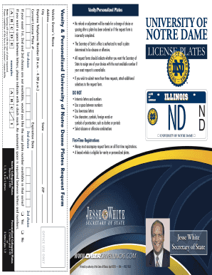 University of Notre Dame Vanity License Plate Request Form
