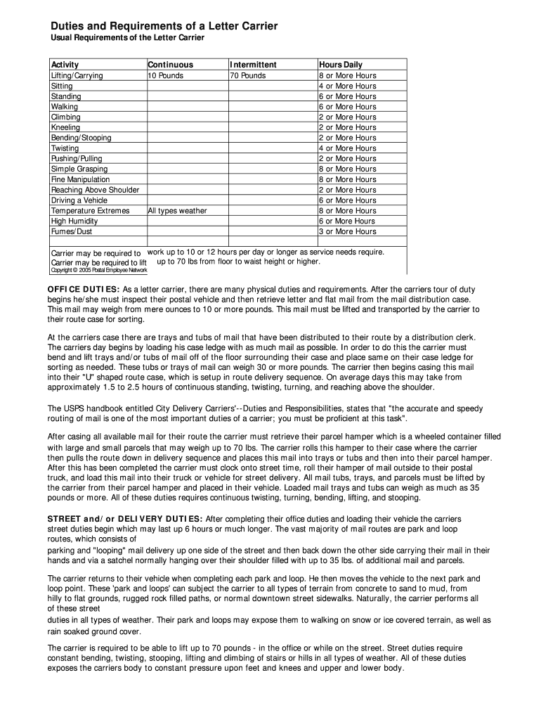 Fillable Online Duties and Requirements of a Letter Carrier Fax Email
