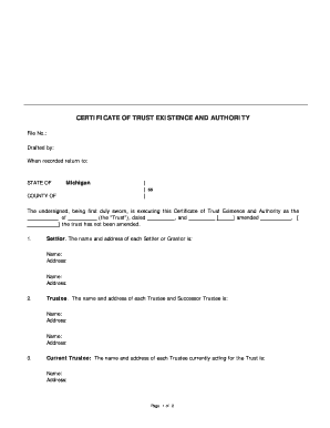 Certificate of Trust Existence and Authority
