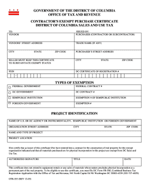 District of Columbia Contractor's Exempt Purchase Certificate