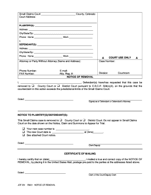 Colorado Small Claims Court Notice of Removal