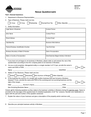 Montana Nexus Questionnaire