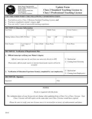 Montana Class 1 Teaching License Update Form