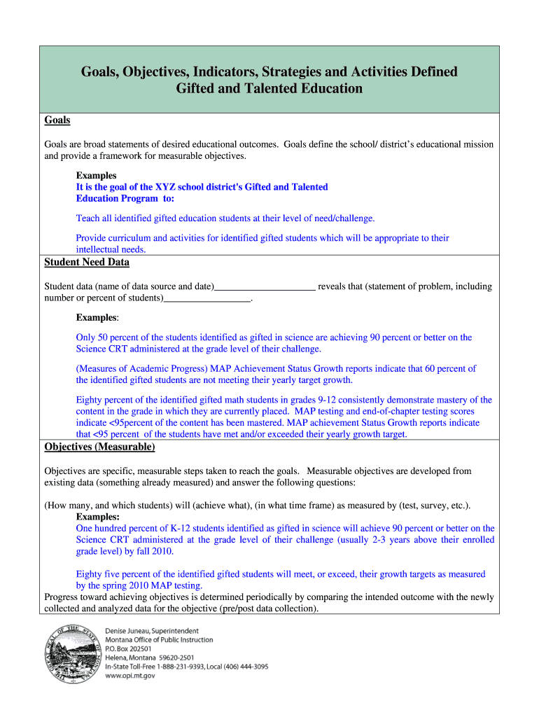Fillable Online opi mt Goals, Objectives, Strategies, and Activities