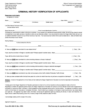 Oregon Criminal History Verification Form