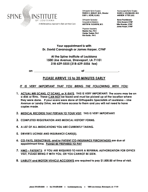 Spine Institute Appointment Checklist