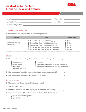Printers Errors and Omissions Coverage Application