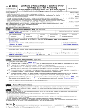 Form W-8BEN Certificate of Foreign Status