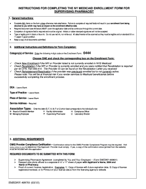 NY Medicaid Enrollment Form for Supervising Pharmacist