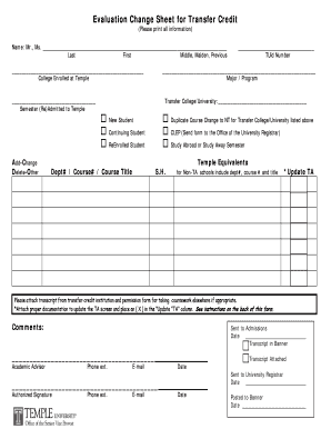 Evaluation Change Sheet for Transfer Credit