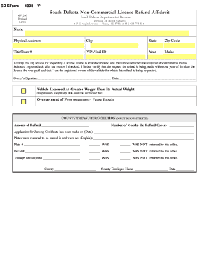South Dakota Non-Commercial License Refund Affidavit