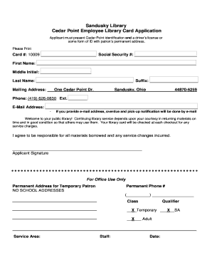 Cedar Point Employee Library Card Application