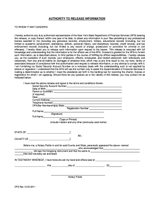 New York DFS Authorization to Release Information