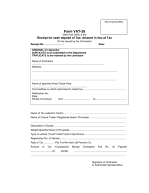 VAT-39 Receipt for Cash Deposit of Tax