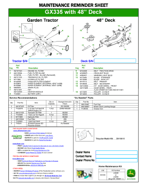 Maintenance Reminder Sheet for GX335 Garden Tractor