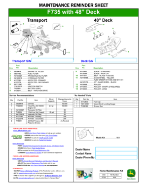 John Deere F735 Maintenance Reminder Sheet