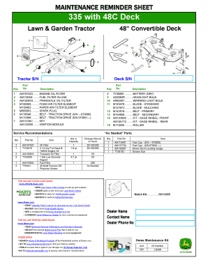 Lawn Tractor Maintenance Reminder Sheet