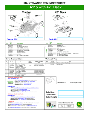 John Deere LA115 Tractor Maintenance Reminder Sheet