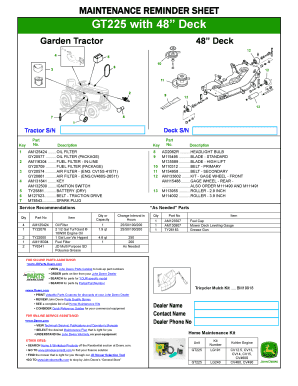 Maintenance Reminder Sheet for GT225 Garden Tractor
