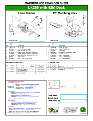 Lawn Tractor Maintenance Reminder Sheet
