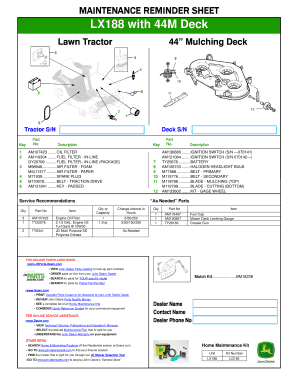 Lawn Tractor Maintenance Reminder Sheet