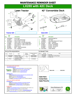 Lawn Tractor Maintenance Reminder Sheet