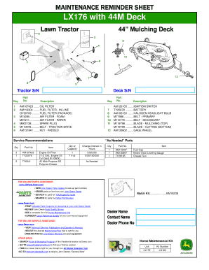 John Deere LX176 Lawn Tractor Maintenance Reminder Sheet