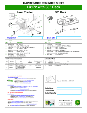 Lawn Tractor Maintenance Reminder Sheet