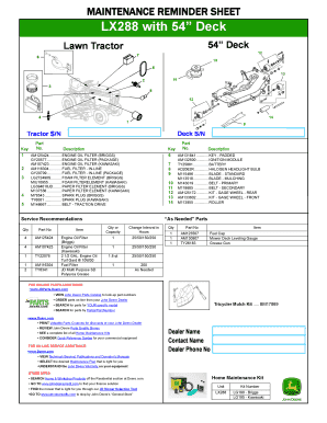Lawn Tractor Maintenance Reminder Sheet