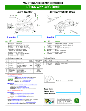 Lawn Tractor Maintenance Reminder Sheet