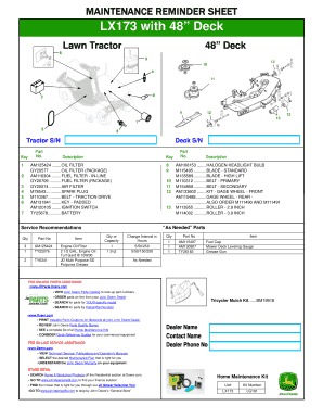 John Deere Lawn Tractor Maintenance Reminder Sheet