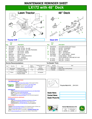John Deere Lawn Tractor Maintenance Reminder Sheet