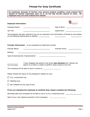 Fitness For Duty Certificate