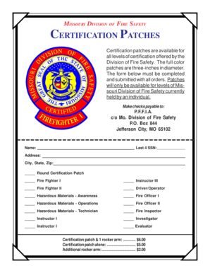 Missouri Fire Safety Certification Patch Order Form