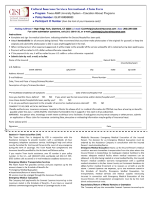 Cultural Insurance Services International Claim Form