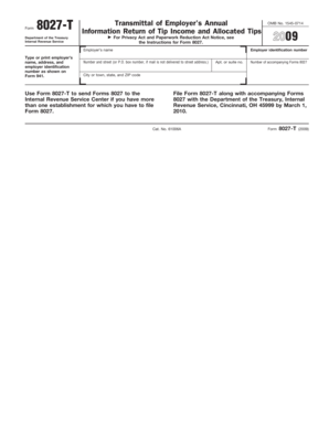 Form 8027-T Transmittal of Employer’s Annual Tip Income
