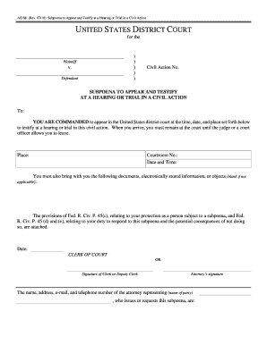 US Federal Subpoena to Appear and Testify