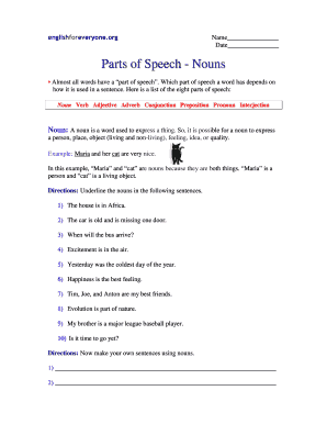 Parts of Speech Nouns Worksheet