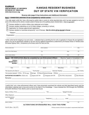 Kansas Out of State VIN Verification Form