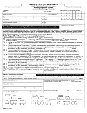 Certification of Deferment Status for Health Professions Loans