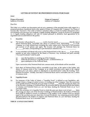 Letter of Intent for Preferred Stock Purchase